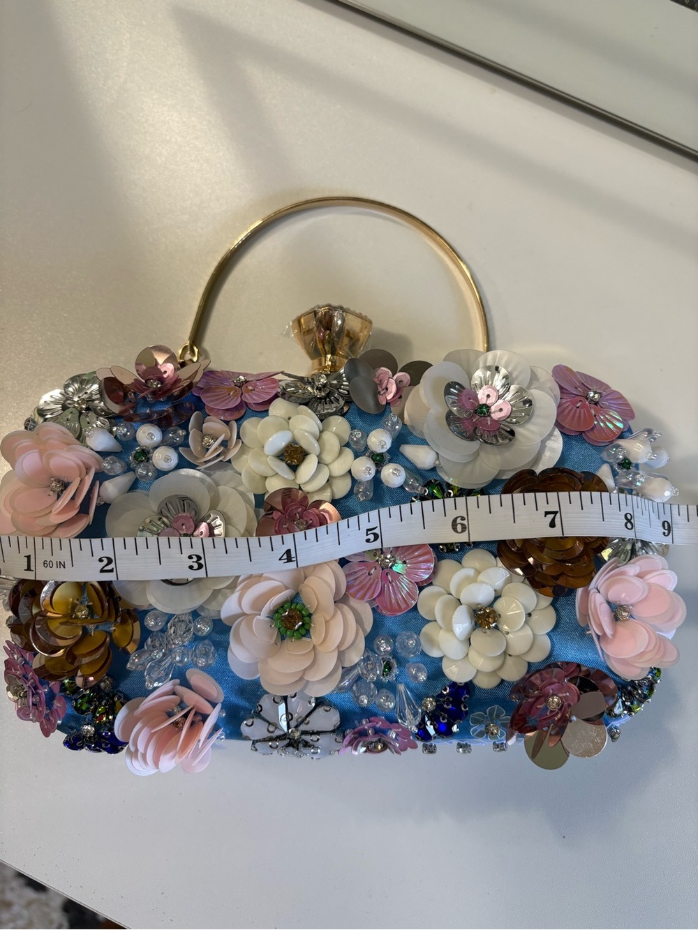 bebe Blue Floral Sequin Evening Clutch with Gold Handle - Picture 8 of 8